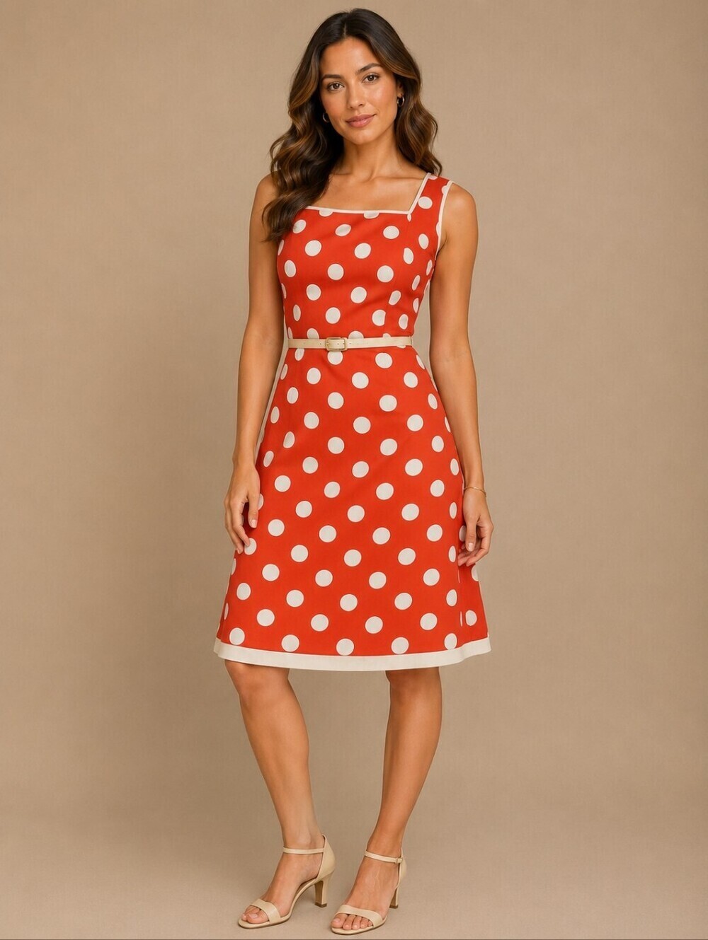 Vtg DRESS BARN 1990s Retro Mod Polka Dot Belted Waist Sleeveless A-Line Dress